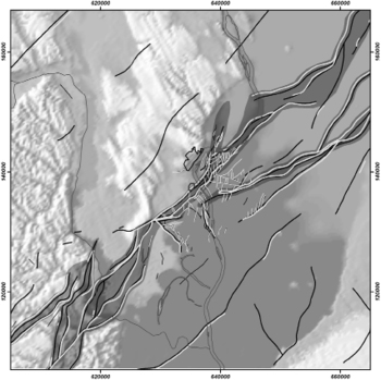 Topográfiai térkép domborzati viszonyokkal Topográfiai térkép, vonalakkal és árnyékolással jelzett domborzati viszonyok.