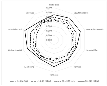 Üzleti területek teljesítménye különböző méretű vállalkozásoknál Radar diagram üzleti területek teljesítményéről különböző méretű vállalkozások esetében, mint hazai piac, stratégia, együttműködés.