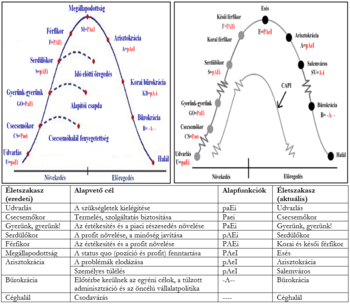 Vállalati életciklus diagramok az eredeti és aktuális szakaszokkal Két diagram a vállalati életciklus szakaszairól, az eredeti és aktuális célokkal és funkciókkal.