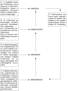 Vállalati stratégia kialakításának folyamata Diagram a vállalati stratégia kialakításának folyamatáról, erőforrások, képességek, versenyelőnyök és stratégia meghatározásával.
