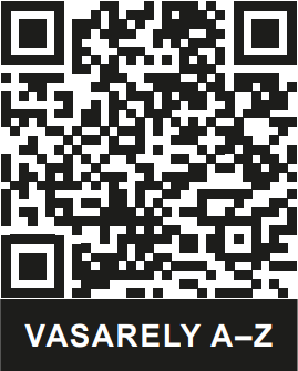 VASARELY A-Z QR-kód QR-kód a 'VASARELY A-Z' felirattal, fekete-fehér dizájn.
