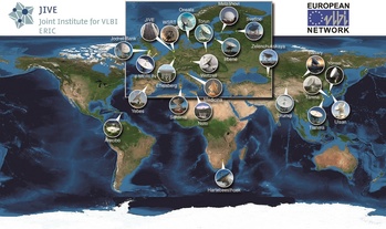 Világ rádióteleszkóp hálózat a JIVE és VLBI által Világ térképe rádióteleszkópokkal, JIVE és European VLBI Network logókkal